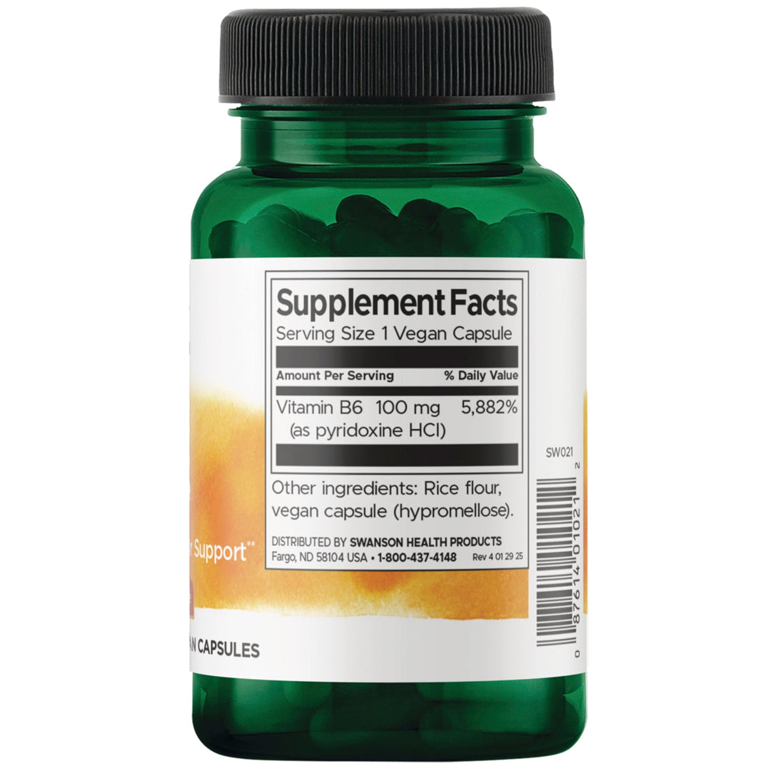 Vitamina B6 Piridoxina 100 mg (100 cápsulas) Swanson