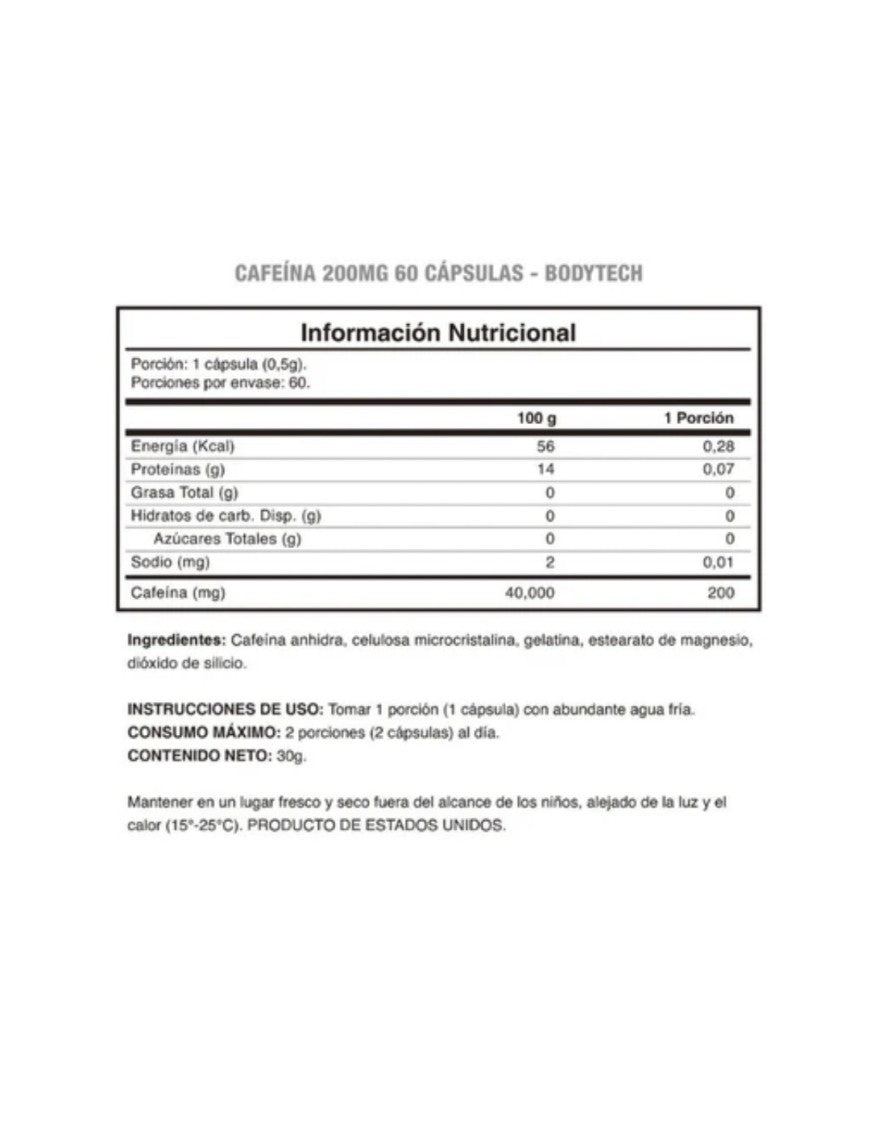 Caffeine 200Mg (60 cap) Bodytech--One Nutrition-BODY TECH