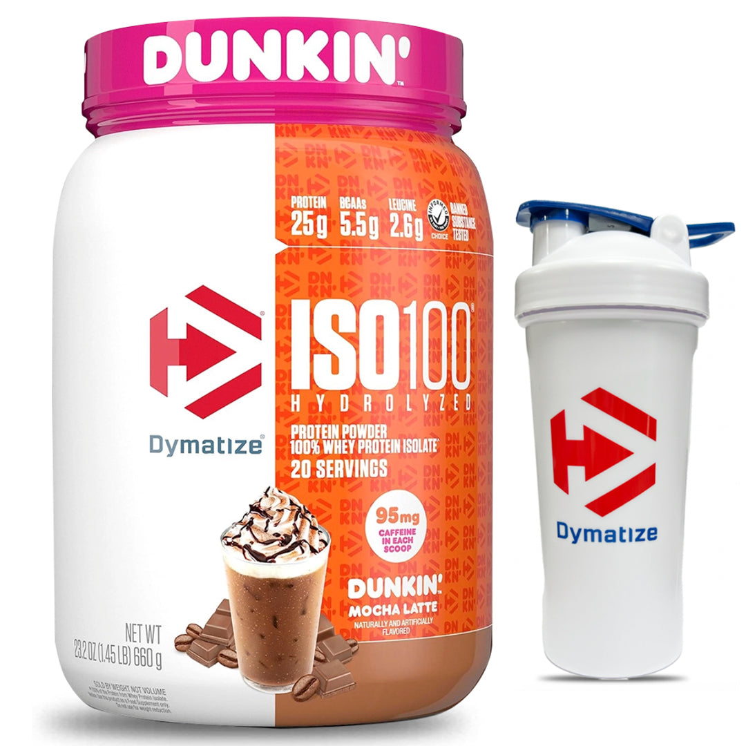 ISO 100 DUNKIN 1.4 LB EDICIÓN LIMITADA DYMATIZE + SHAKER DYMATIZE BLANCO